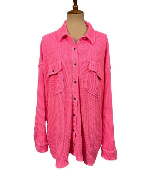 aerie Tops - Aerie Neon Pink Waffle-Knit Button-Up Shirt XL With Front Pockets Relaxed Fit